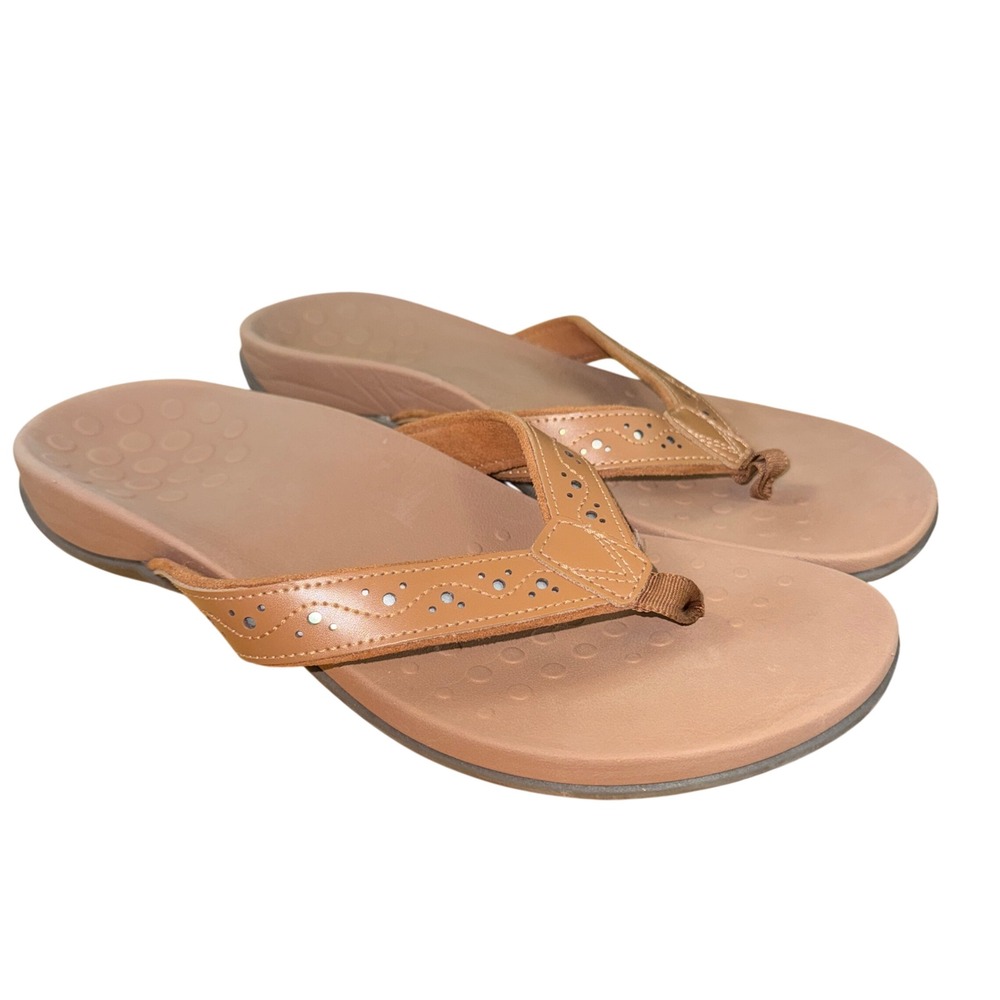 Vionic Aliza Sandals Womens 9.5 Pre-Owned FlipFlop Tan Leather Orthopedic Thongs
